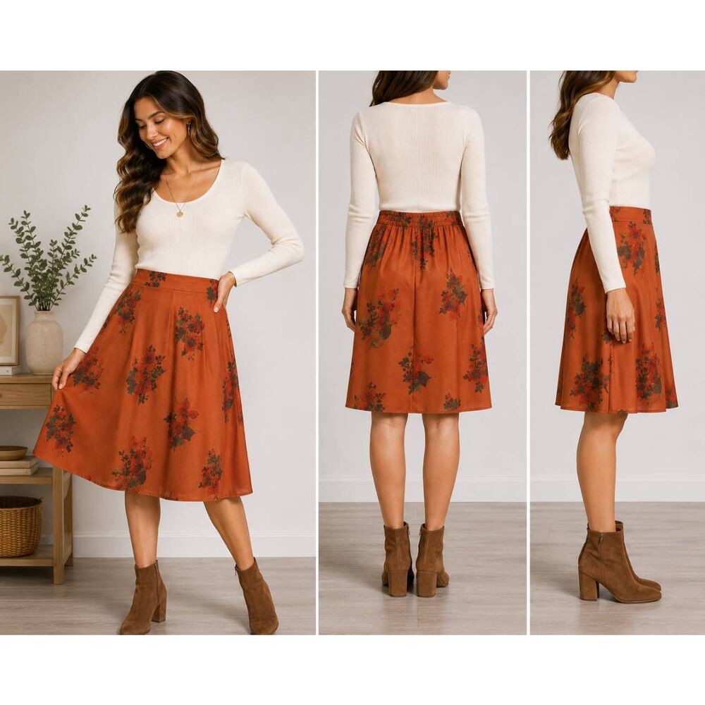 ModCloth XL Rust Floral Midi Skirt Boho A-Line Elastic Back Lined Women's